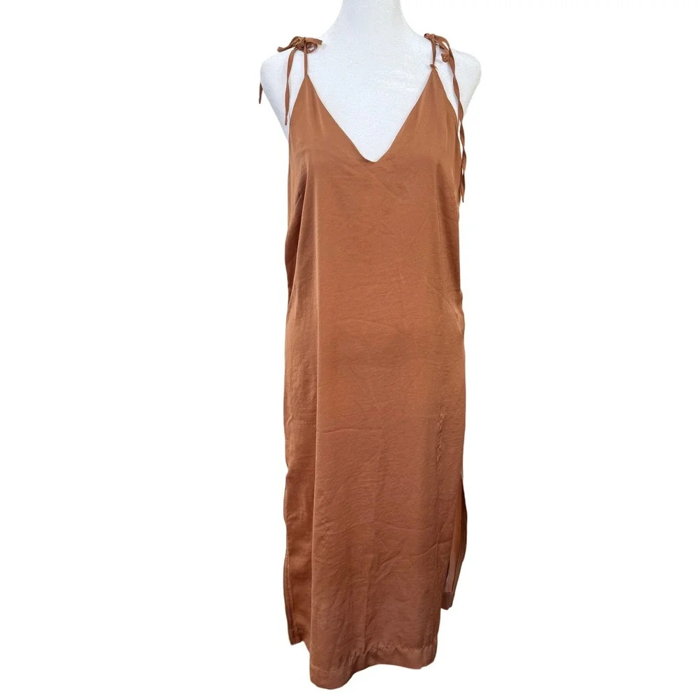 Avec Les Filles Satin Tie Strap Slip Dress Copper Brown Midi Women's Small
